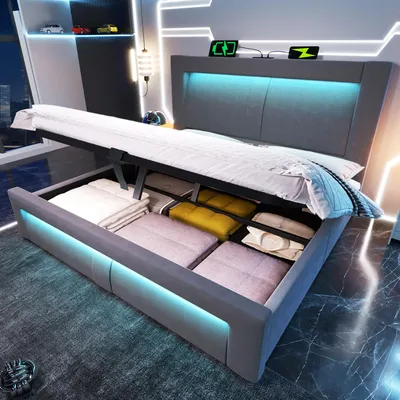 Image de Lit double 180 x 200 cm avec rangement, lit à réglage hydraulique, éclairage LED contrôlable via une application, ports de recharge USB et Type-C, velours, gris (sans matelas)