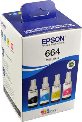 Produktbild von Epson 664 EcoTank 4-colour Multipack, Original, Schwarz, Cyan, Magenta, Gelb, EcoTank L555 EcoTank L355 EcoTank ET-4500 EcoTank ET-2650 EcoTank ET-2600 EcoTank ET-2550 EcoTank..., 70 ml, 70 ml, Tintenstrahl