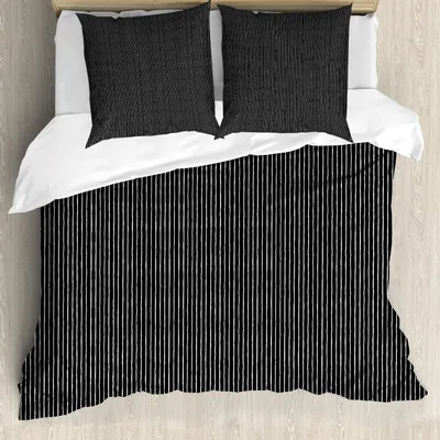 Obrázek produktu pro ABAKUHAUS Sada povlečení s proužky, monochromatický černobílý design, bílé tenké nerovnoměrné proužky na tmavém pozadí, 200 x 200 cm + 80 x 80 cm, černá a bílá
