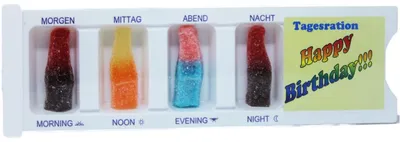 Produktbild Tablettenbox Happy Birthday gefüllt mit Fruchtgummi Scherzartikel 25g