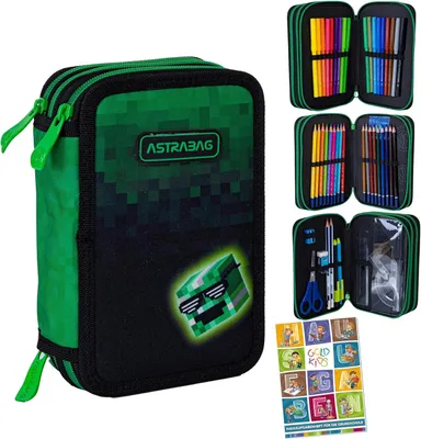 Produktbild von Goldkids - Federmäppchen 3 Fächer - Mäppchen für Jungen - Federmappe 3-Fach Federtasche Gefüllte Schüleretui Schulmäppchen - Pixel Hero
