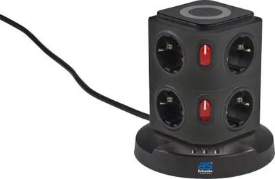 Produktbild von as-Schwabe Steckdosentower 8-fach 230V/16A QI-Wireless Ladestation 1,5m Schwarz