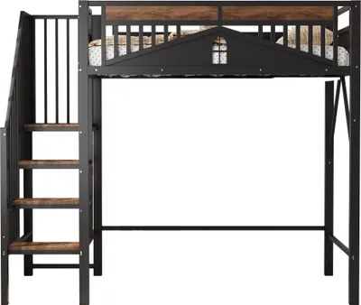 Produktbild von Flieks Etagenbett 90x200cm mit Treppe, Hochbett mit Rausfallschutz, Kinderbett mit Lattenrost, Metallbett Einzelbett Stockbett, Schwarz