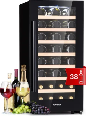 Produktbild von Klarstein Weinkühlschrank Freistehend, Kleiner Getränkekühlschrank Schmal, 1 Zone Weinkühlschrank mit Glastür, Indoor/Outdoor Beersafe, Kühlschrank Klein mit UV-Schutz, 5-18°C, 38 Flaschen
