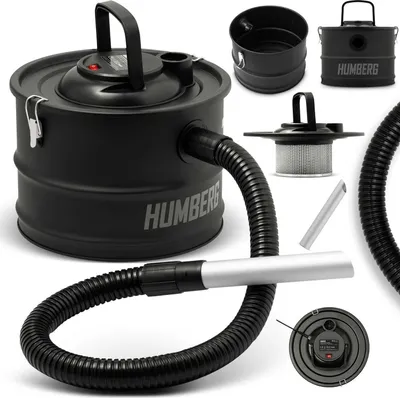 A collage of images showing a black ash vacuum cleaner and its components.