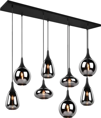 A multi-pendant light fixture with eight smoked glass shades hanging from a black rectangular base.