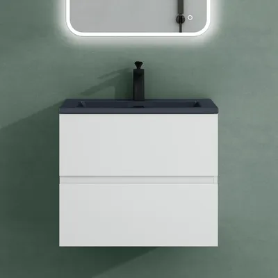 Produktbild von Mai & Mai Badmöbel-Set Waschtisch mit Unterschrank Mineralguss Waschbecken in Anthrazit Waschbeckenunterschrank 60x48x50cm Weiß Matt 2-Schubladen Soft-Close Aqualis