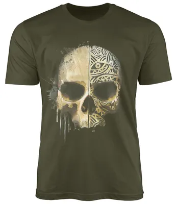 Produktbild von Herren T-Shirt Bedruckt Totenkopf Totenschädel Skull Tattoo Tribal Print Aufdruck Fashion Streetstyle Neverless® army XXL