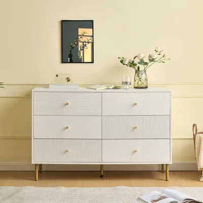 Zdjęcie produktu dla Komoda 6-szufladowa Fortuna Lai w kolorze białym - Nowoczesna szafka do przechowywania z uchwytami ze stopu cynku i stalowymi nogami, 120x40x78 cm - Do sypialni, salonu i przedpokoju