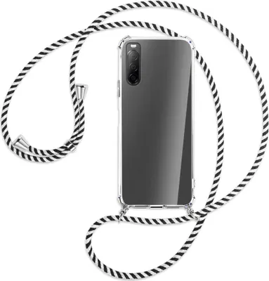 Produktbild von Handykette Backcover-Schutzhülle mit Band (Metall silberfarben) für Sony Xperia 10 II - schwarz/weiß gestreift