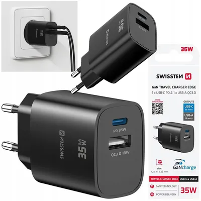 Zdjęcie produktu dla SZYBKA ŁADOWARKA SIECIOWA GaN 1x USB-C 25 W PD 1x USB-A QC SWISSTEN czarna