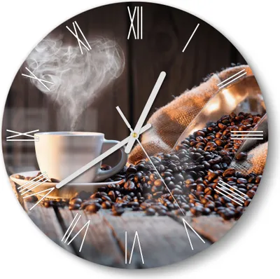 Produktbild von DEQORI Glasuhr Ø30 cm Römisch 'Rustikale Kaffeeliebe' Wanduhr Glas Uhr Design leise