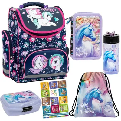 Produktbild von Schulranzen Set 6er Ranzen Tornister Federmappe Turnbeutel Turnsack Brotdose Trinkflasche Aufgabenheft für die Grundschule Einhorn Unicorn Motiv