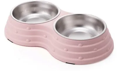 Produktbild von Doppelwasser- und Futterbehälter für Hunde, aus hochwertigem, abnehmbarem Edelstahl mit Antirutschboden, ideal für kleine Hunde und Katzen (Kleinformat, Rosa).