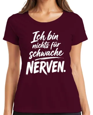 Immagine prodotto di T-shirt da donna, taglia XL, colore bordeaux, con scritta divertente e sarcastica: "Non adatto a persone deboli di cuore"