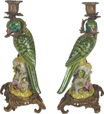 Produktbild von Porzellan in Bronze Kerzenhalter Kerzenständer Papageie H 36,3 cm 2er Set