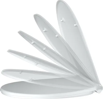 A white toilet seat shown from a diagonal angle, with multiple sections lifted to demonstrate its flexibility or a slow-closing mechanism.