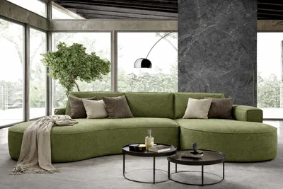 Image de - GUTTO - MOLLY canapé d'angle avec forme arrondie en tissu velours vert - forme arrondie moderne Nouveau 2025 (avec fonction de couchage)