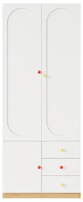 Produktbild von Merax Kinder-Kleiderschrank, 3-türiger Kleiderschrank mit 3 Schubladen, Kinderzimmer, Kinderzimmermöbel, Kleiderstange, Bunte Keramikgriffe, Weiß