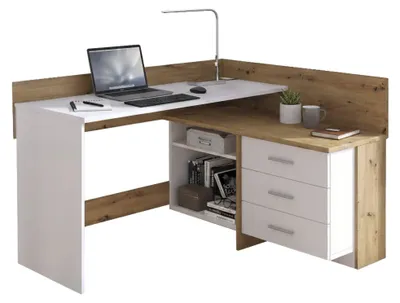 Produktbild von Schreibtisch Dabdelhami, Mehrzweckschreibtisch, Bürotisch für PC, Eckschreibtisch, 130x112h82 cm, Weiß und Knoteneiche