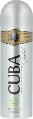 A silver spray can with gold accents and text.