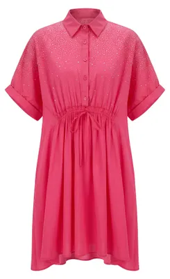 Produktbild von Damen Midikleid Rosa M mit Strass-Verzierung, verstellbarem Gürtel und klassischem Kragen