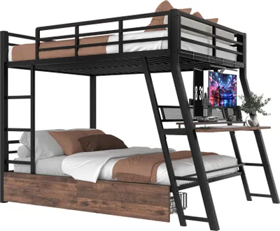 Immagine prodotto di okwish Letto a castello 140×200 Letto per bambini con struttura in metallo, contenitore con scrivania, scala con ringhiera di sicurezza, illuminazione a LED, nero (senza materasso)