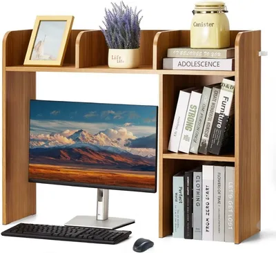 Produktbild von Schreibtischorganizer aus Spanplatte in Holzfarbe - 2-stufiges Tischregal - Schreibtischablage für effiziente Büroorganisation