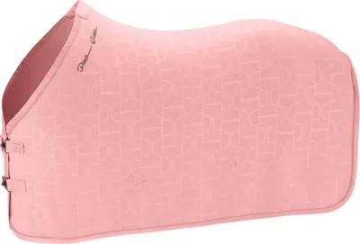 A pink horse blanket with a repeating pattern of bits and stirrups.