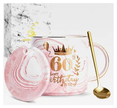 Produktbild von Geschenke zum 60. Geburtstag für Frauen, Geschenke für beste Freundinnen, 400ml Rosa Marmor Kaffeetasse, Geschenk für Frauen zum 60. Geburtstag, Oma, Mutter, Schwester, Schöne Geschenkbox