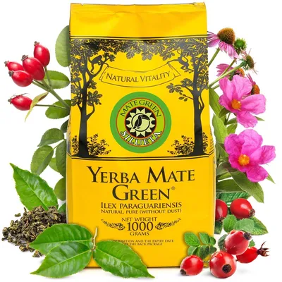 Image de Yerba Mate Green Silueta 1 kg - Thé vert Yerba Mate brésilien - Thé Mate légèrement sucré et acidulé avec des feuilles de menthe et des cynorrhodons