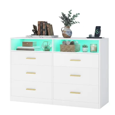 Obrázek produktu pro Komoda VASAGLE s LED osvětlením a nabíjecí stanicí, 6 zásuvek, moderní, do ložnice i obývacího pokoje, bílá