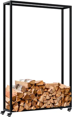 Zdjęcie produktu dla Półka na drewno do kominka Holzlagerung Hilta – stojak na drewno na kółkach | Kolor: czarny | Wymiary: 100x25x150 cm