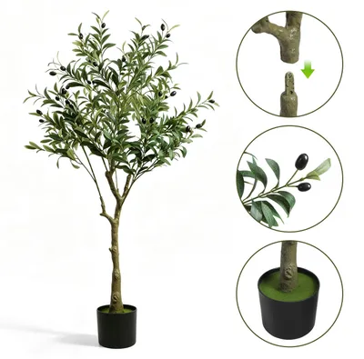 Produktbild von Peviasot Olivenbaum künstlich 120 cm, 2 Zweige und 504 Blätter, realistische Kunstpflanze im Topf aus PE und Stoff für Wohnraum, Büro und Empfang