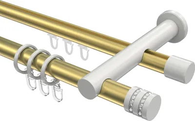 Produktbild von Interdeco Rundrohr-Innenlaufstange / Gardinenstange (Kombination) Messing-Optik / Weiß, Typ Platon Estana (Glitzerkappe), 20 mm Ø 2-läufig, 420 cm