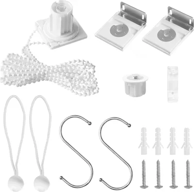 A collection of components for a roller blind system, laid out on a white background.
