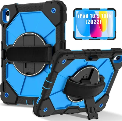 Produktbild von Hülle für iPad 10th Gen 2022 10,9 Zoll Tablette Schutzhülle Stoßfeste mit 360 Drehbarer Handschlaufe/Ständer Schwarz Blau