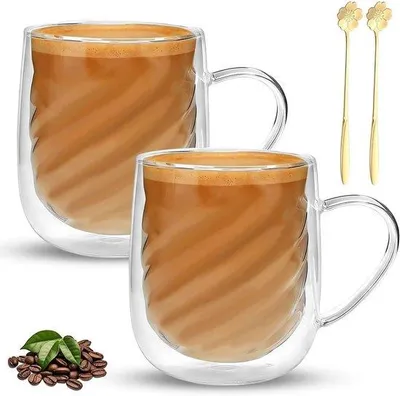 Productafbeelding van Set van 2 Dubbelwandige 350 ml Latte Macchiato Glazen met Handvat en Lepels, Borosilicaatglas, Koffiekoppen, Thermische Glazen voor Koff
