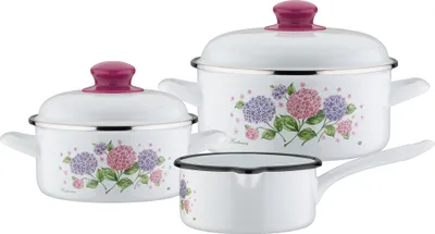 A set of three white enamel pots with floral decorations and pink lids, displayed on a white background.