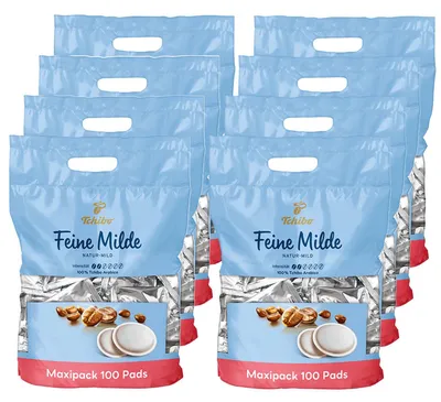 Produktbild von Tchibo Kaffeepads Vorratspack Maxipack, Feine Milde, 800 Stück – 8x 100 Pads (Kaffee, mild mit sanften Röstaromen), nachhaltig, geeignet für Senseo Maschinen