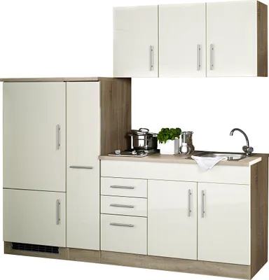Produktbild von Single-Küche 210 TERAMO-03 Hochglanz Creme Breite 210 cm inkl. Kühlschrank B x H x T ca. 210 x 200 x 60cm