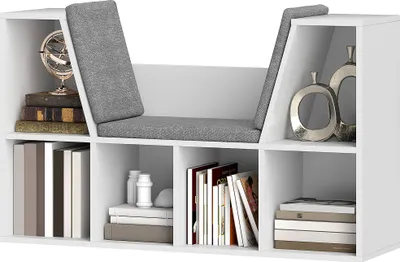 Produktbild von Bücherregal mit Sitzfläche, 6 Fächer, gepolstert, 105 x 30 x 63 cm, Weiß
