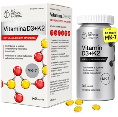 Immagine prodotto di Vitamina D3 K2 5000 UI Alto Dosaggio - 240 Softgel, K2 MK-7 All-Trans