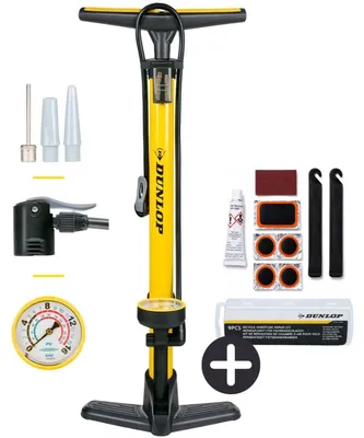 Zdjęcie produktu dla Pompa rowerowa Dunlop z manometrem i 9-częściowym zestawem naprawczym – zestaw narzędzi rowerowych z zestawem do naprawy opon i łyżką do opon – do zaworów Presta, Dunlop i Schrader – kolor żółty