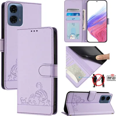 Produktbild von Leder Hülle für Motorola Moto G24 Power Süße Katze Flip Case Brieftasche Schutzhülle mit Standfunktion Lila