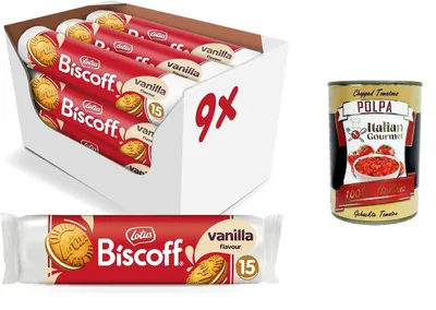 Produktbild von Lotus Biscoff Biscotto Sandwich con Ripieno al Gusto Vaniglia Sandwichkeks mit Vanillefüllung | 15 Kekse pro Packung 9 x 150 g+ Italian Gourmet polpa 400g