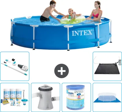 Immagine prodotto di Piscina Intex con struttura rotonda - 305 x 76 cm - blu - pacchetto manutenzione incluso - pompa filtro per piscina - filtro - copertura del terreno - aspirapolvere - tappeto solare