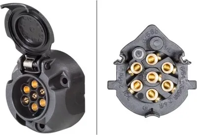 A product shot of a 7-pin trailer socket, shown from two angles.