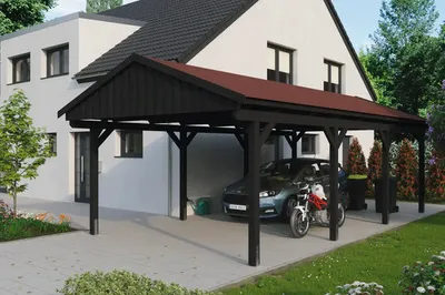 Produktbild von Einzelcarport SKAN HOLZ Fichtelberg inkl. Pfostenanker, rote Dachschindeln 423 x 808 cm