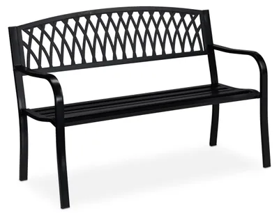 Image de Banc de jardin Relaxdays, deux places, robuste, style rustique, confortable, banc en métal, D x L x H : 87 x 127 x 60 cm, noir
